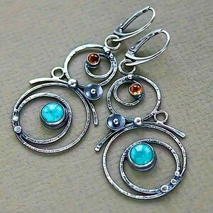 Bohemian Round Blue Stone Earrings Handmade Silver Engraved Round Dangle